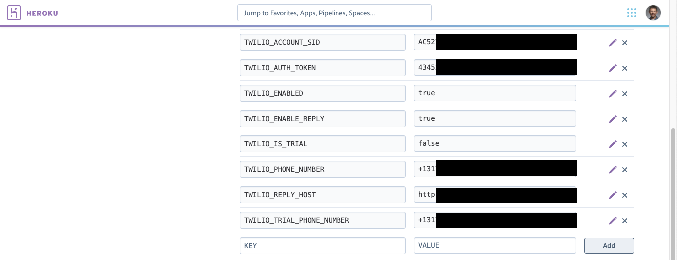 Twilio environment variables in Heroku