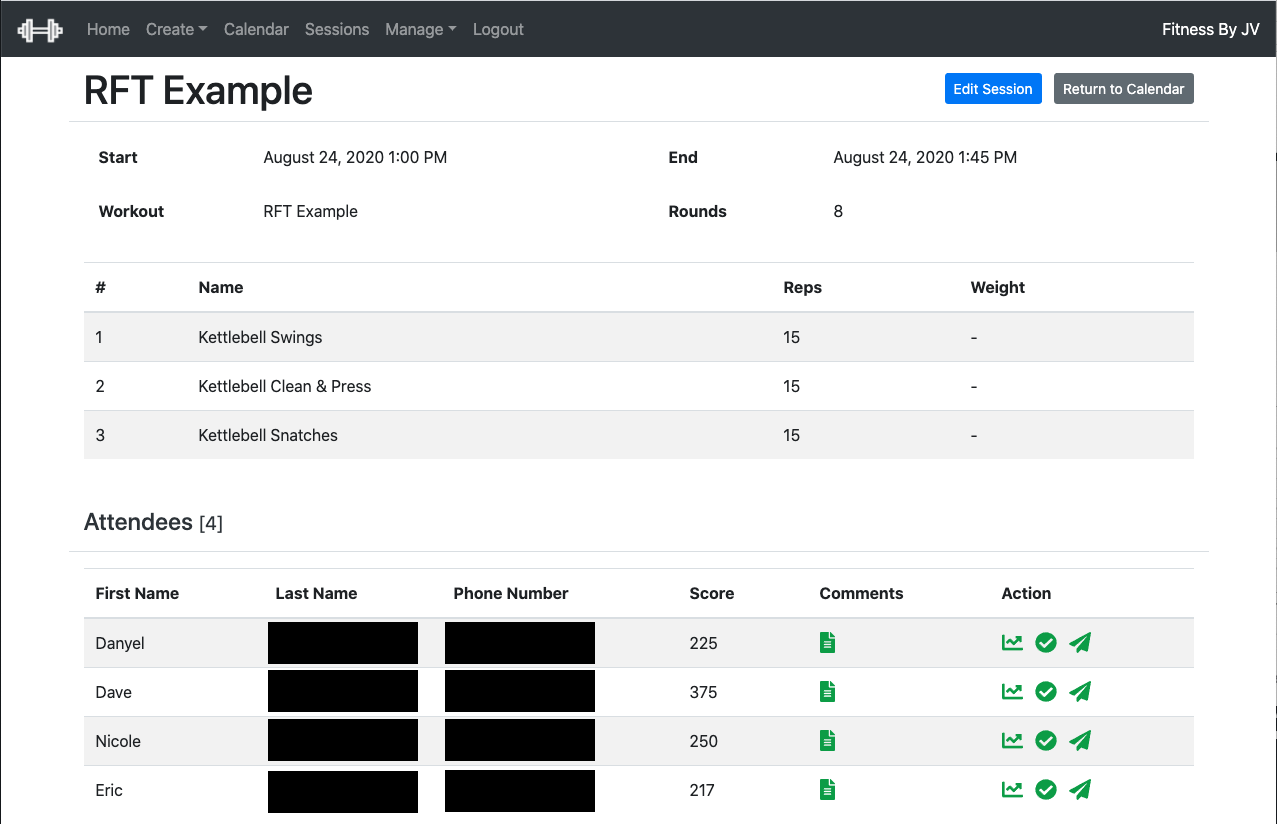 Managing workout and attendees page