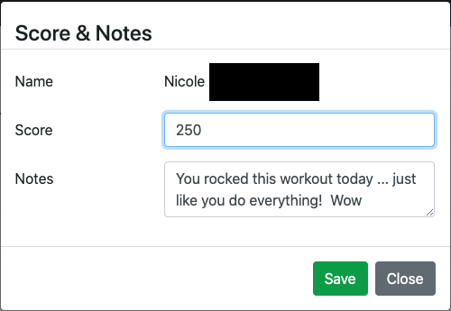 Workout score and notes modal